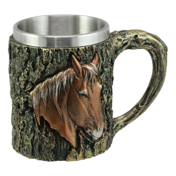 Ebros The Stallion Wildlife Chestnut Horse Mug Textured With Rustic Tree Bark Design In Painted Bronze Finish 12oz Drink Beer Stein Tankard Coffee Cup