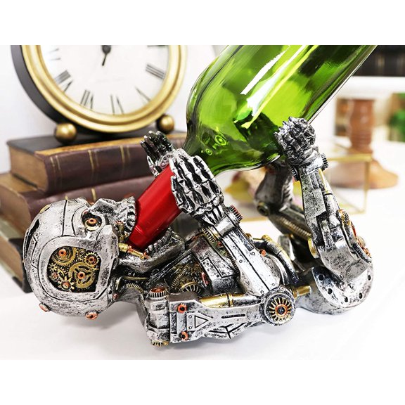 Ebros Steampunk Cyborg Robotic Terminator Skeleton Wine Bottle Holder 9.5"L