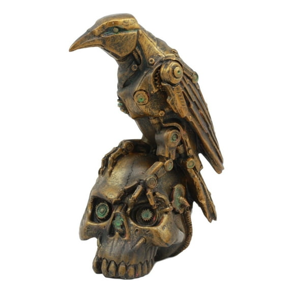 Ebros Steampunk Raven Atop Rusted Skull Statue Crow Scavenger Bird Perching On Cyborg Robotic Skull Figurine 6"H
