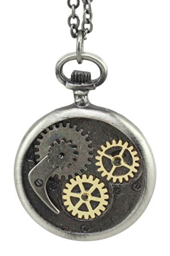 Ebros Steampunk Scythe And Gears Clockwork Design Round Pewter Necklace Alloy Pendant Jewelry