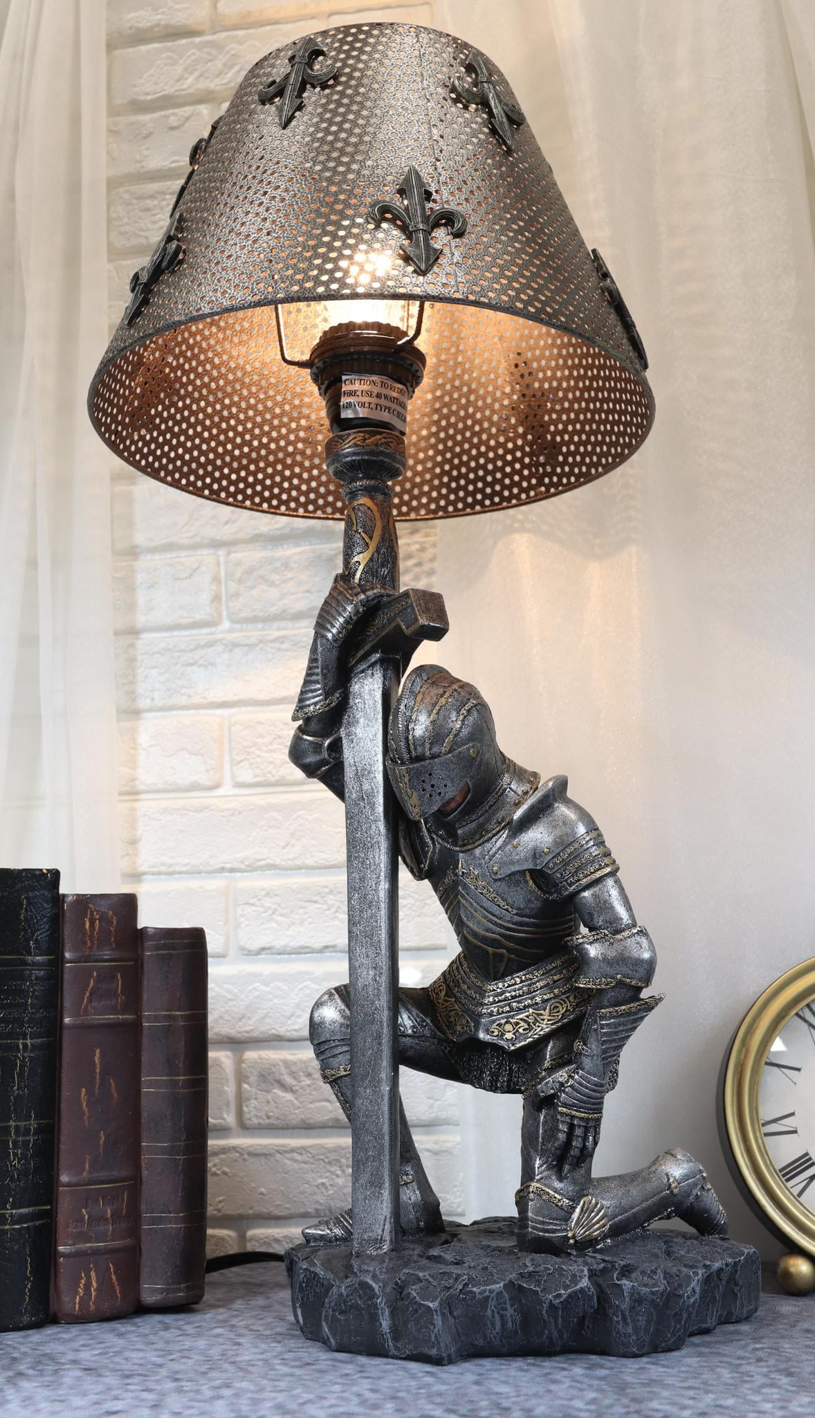 Ebros The Accolade Kneeling Knight Suit of Armor Ceremony Side Table Lamp 22"H
