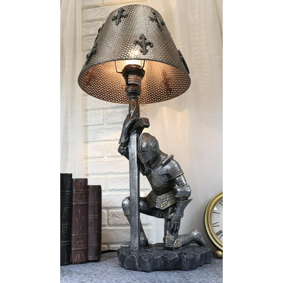 Ebros The Accolade Kneeling Knight Suit of Armor Ceremony Side Table Lamp 22"H