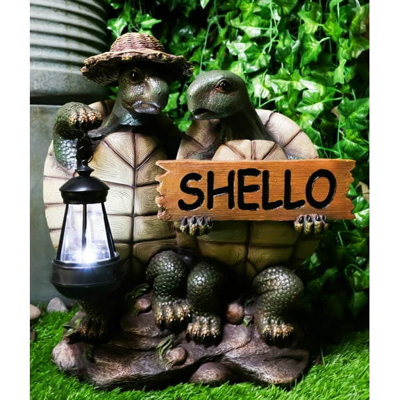 Ebros Tortoise Lovers Solar LED Lantern Light SHELLO Greeting Sign Statue 15"H
