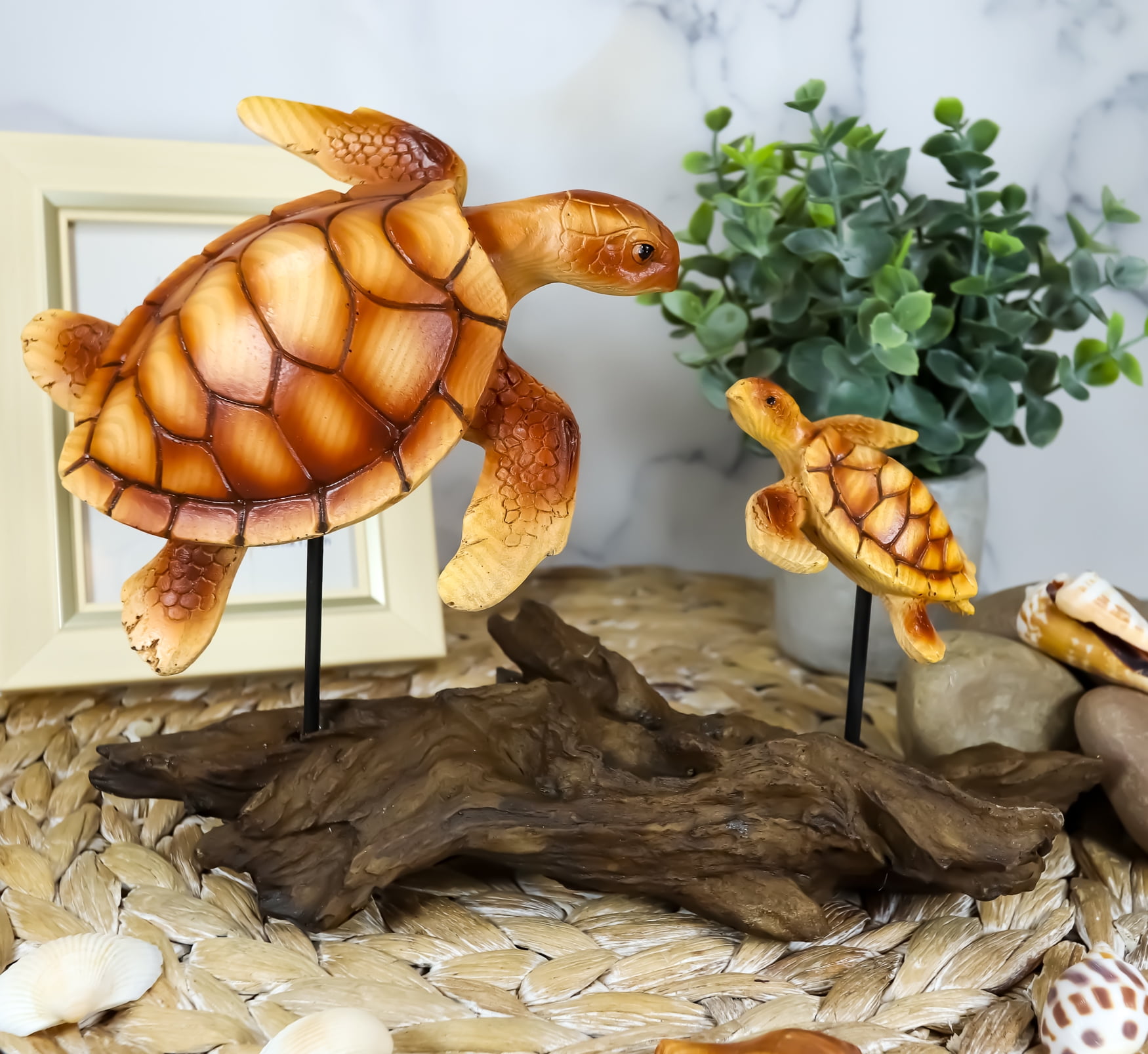 Under the Sea Mother & Baby Sea Turtle Faux Wood Resin Statue