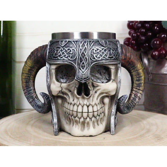Ebros Viking Ram Horned Warrior Skull With Battle Helmet Tankard Cup Mug 13oz
