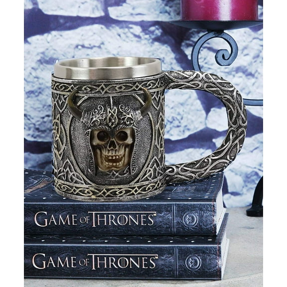 Ebros Viking Skull With Bison Horned Helmet Drinking Mug 24oz w/ Celtic Pattern