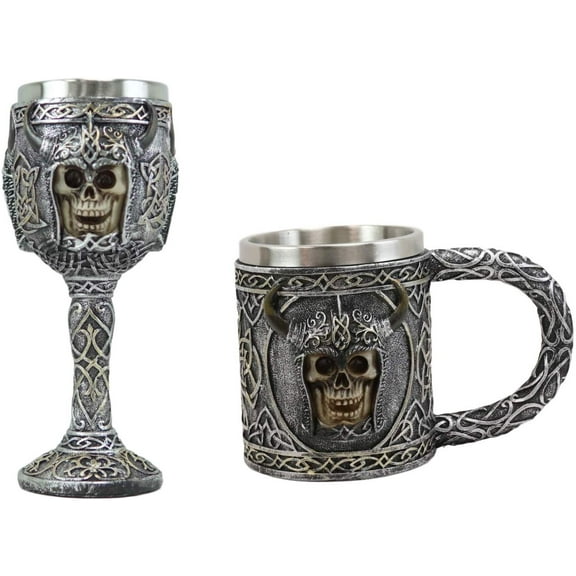 Ebros Viking Skull With Bison Horned Helmet Mug And Wine Goblet 2 Pieces Set