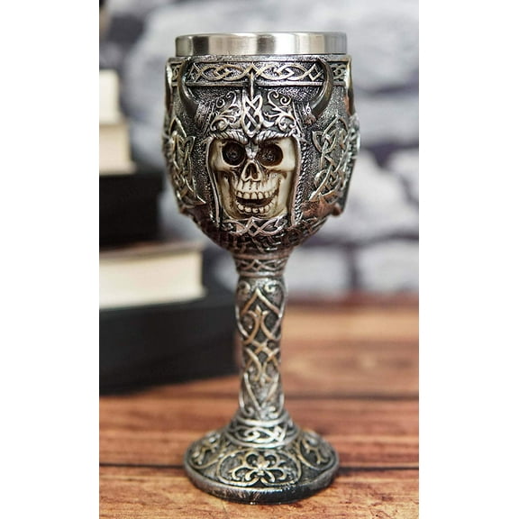 Ebros Viking Skull With Bison Horned Helmet Wine Goblet Chalice 7.5"H 16 Oz