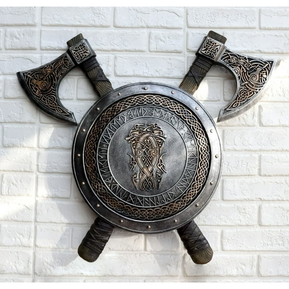 Ebros Viking Warrior Coat of Arms Ragnar Serpent Shield With Crossed Axes Plaque