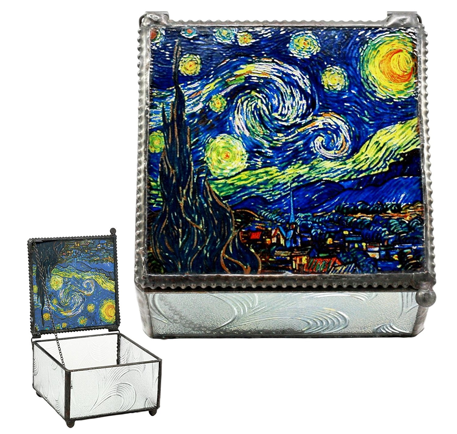 Ebros Vincent Van Gogh Starry Night Stained Art Glass Decorative Box 4"X4" Museum of Modern Art Trinket Jewelry Box