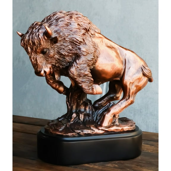 Ebros Western Large Angry Charging Bison Statue in Bronze Electroplated Finish