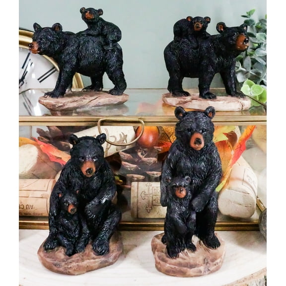 Ebros Western Rustic Black Mama Bear Playing W/ Baby Cub Set Of 4 Mini Figurines