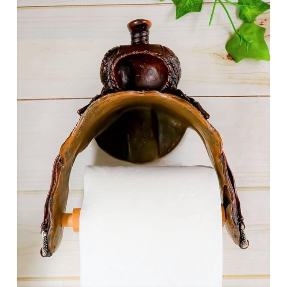 Ebros Western Rustic Tooled Pattern  Saddle Decorative Toilet Paper Holder Figurine 7.5" Tall Powder Room Bathroom Wall Decor Plaque for Cabin Hunting   Cowgirl Horses Theme Sculpture