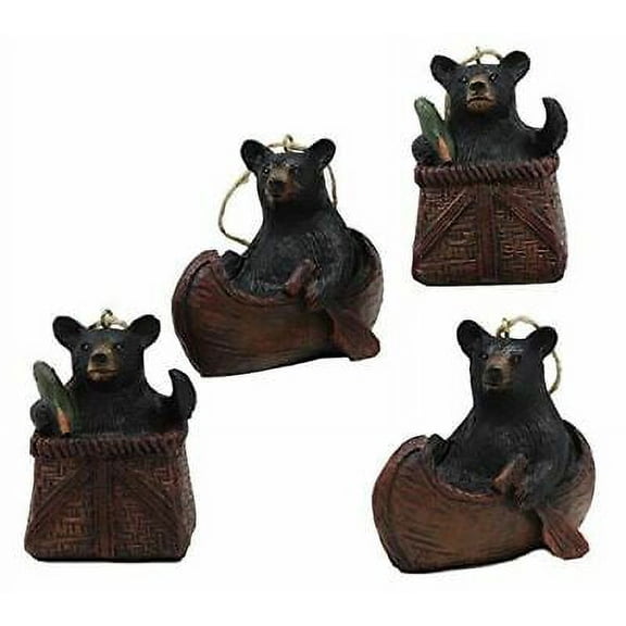 Ebros Western Set of 4 Black Bears In Canoe & Basket Christmas Ornament