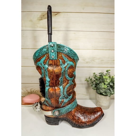 Ebros Western Turquoise Cowboy Boot with Spur Toilet Bowl Brush and Base Holder