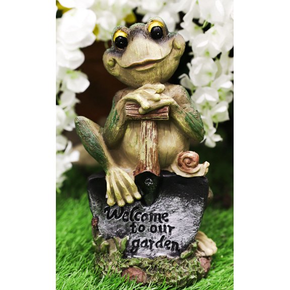 Ebros Whimsical Green Thumb Frog Holding Welcome To Our Garden Shovel Figurine