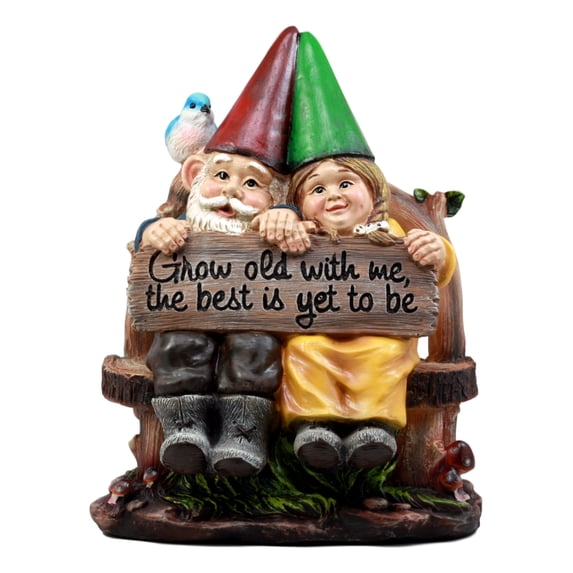 Ebros Whimsical Mr & Mrs Gnome Sitting On Rustic Chair With Blue Bird Statue Grow Old With Me Guest Greeter Patio