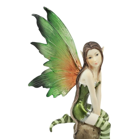 Ebros Whimsical Peppermint Elf Fairy Sitting On Tree Stump Statue 9.5"Tall Mythical Tribal Holiday Faerie Fantasy Sculpture