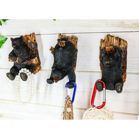 Ebros Whimsical Rustic 3 Acrobatic Black Bears Hanging On Tree Wall Hooks Set