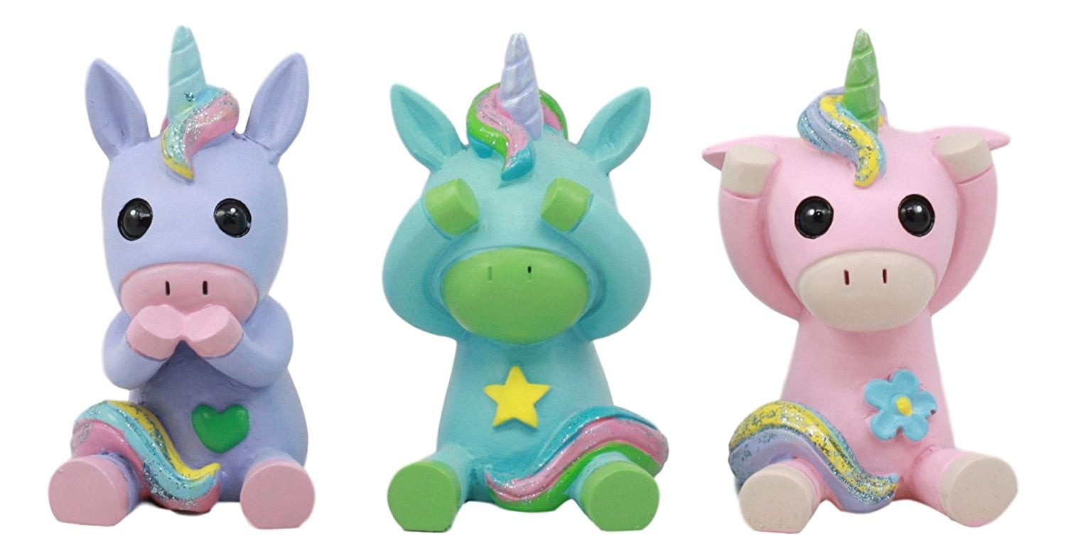 Ebros Whimsical See Hear Speak No Evil Rainbow Unicorn Figurine Set Of  Three 2.75\, image size:1500x786