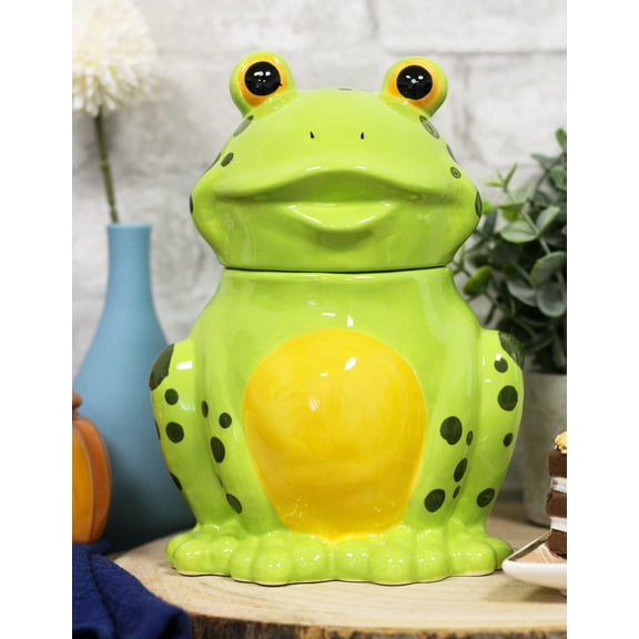 Ebros Whimsical Smiling Green Spotted Frog Ceramic Cookie Jar Container Figurine