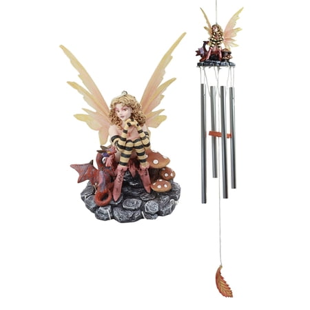 Ebros Whimsical Toadstool Mushroom Fairy With Red Dragon Wind Chime 28" Long Resin Crown With Aluminum Rods Wind Chime Home Patio Garden Decor