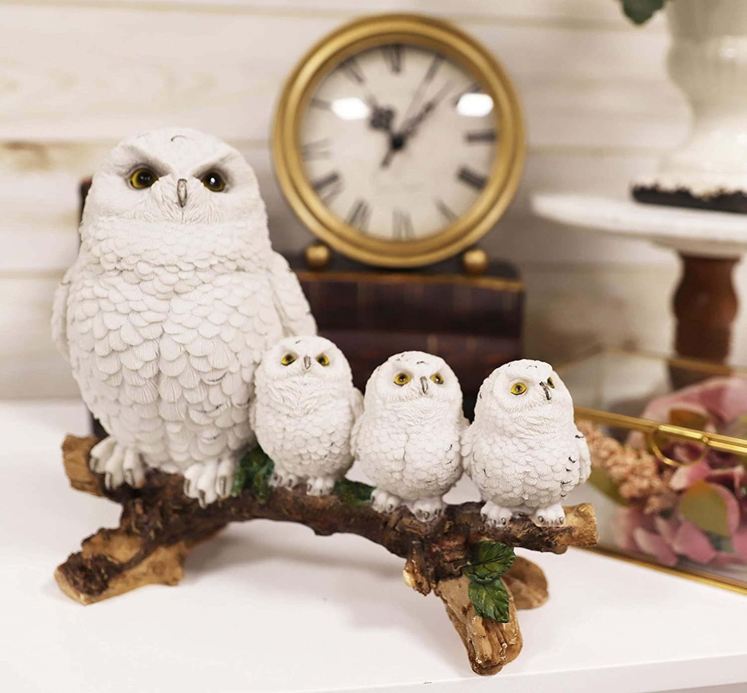 White Snowy Owl Family Resin Statue on Tree Branch
