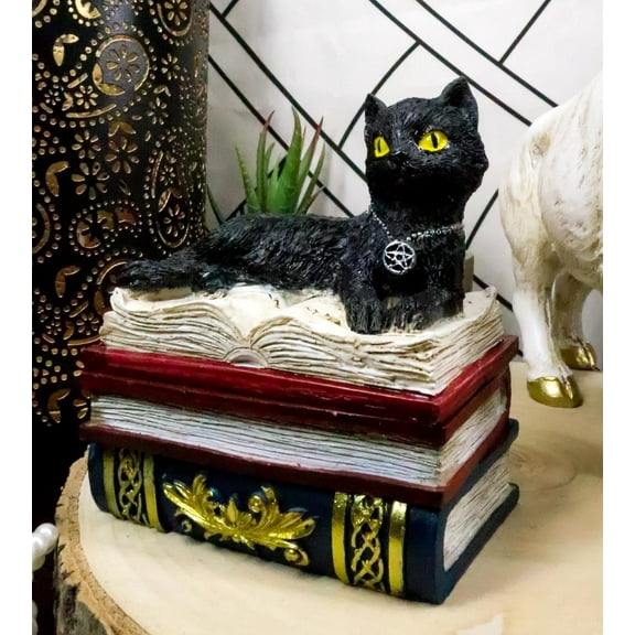Ebros Wiccan Black Cat With Pentagram Star Red Book Of Spells Box Figurine