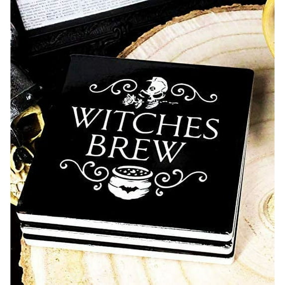Ebros Witches Brew Rose Skull Cauldron Cork Backed Ceramic Coasters Set of 4