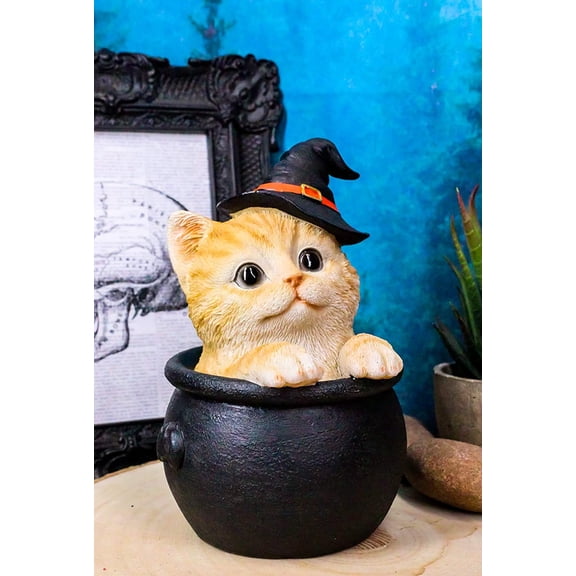 Ebros Witching Hour Halloween Tabby Cat With Witch Hat In Black Cauldron Statue