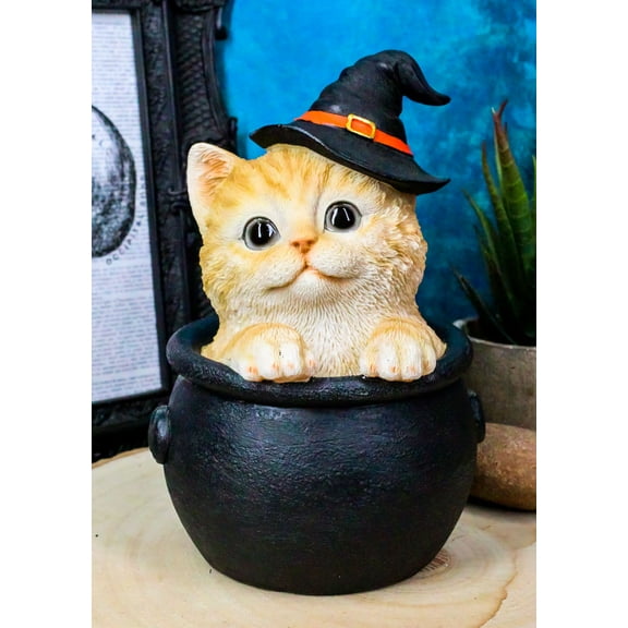 Ebros Witching Hour Halloween Tabby Cat With Witch Hat In Black Cauldron Statue