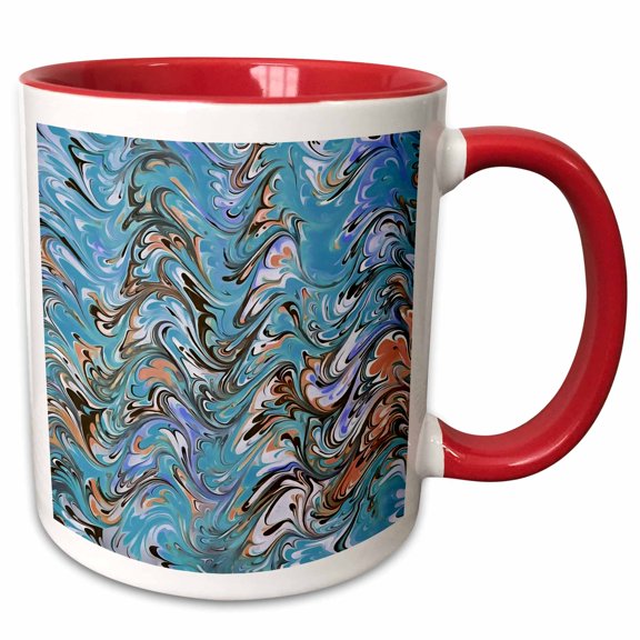 3drose, Ebru Style Abstract in Cerulean Blue, 11oz Two-tone Red Mug