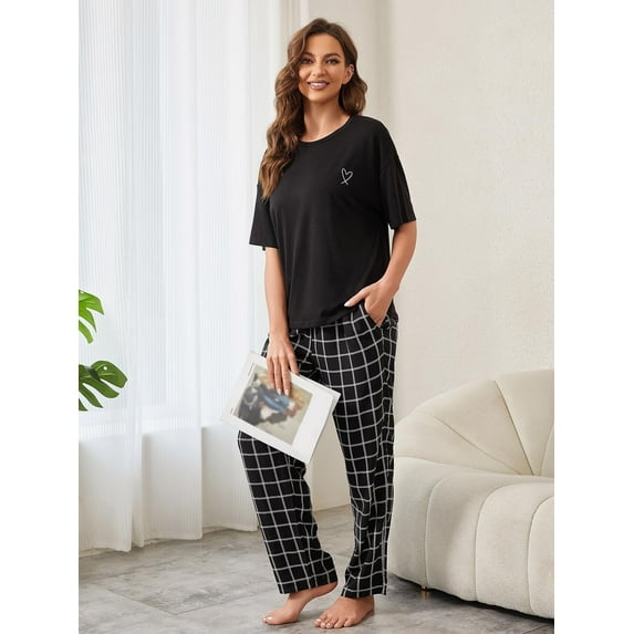 ebukurty Black Pajamas Sets for Women 2 Piece Short Sleeve Lounge Set Round Neck Shirt and Plaid Pants Sleepwear Outfit for Women