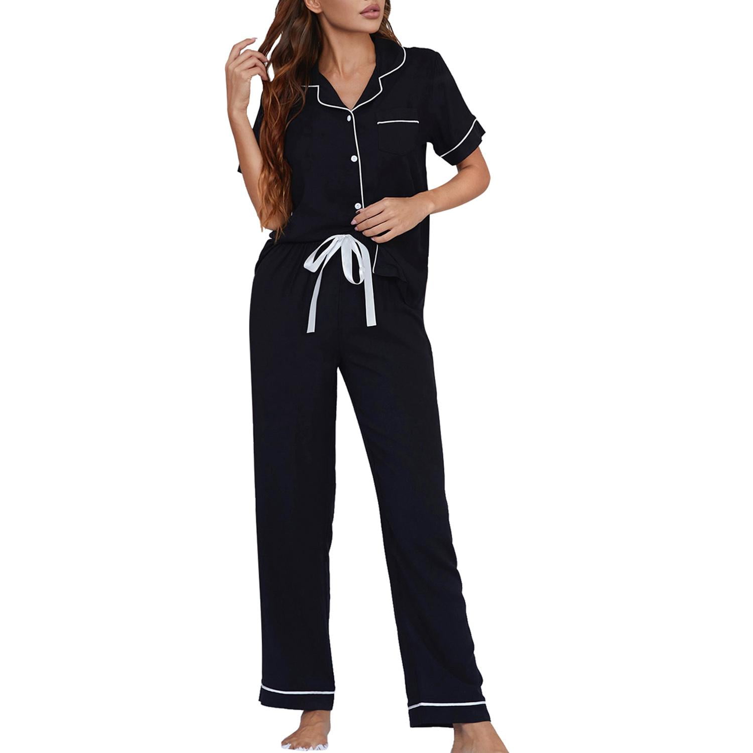 Ebukurty Black Pajama Sets for Women 2 Piece Lounge Set Short Sleeve V ...