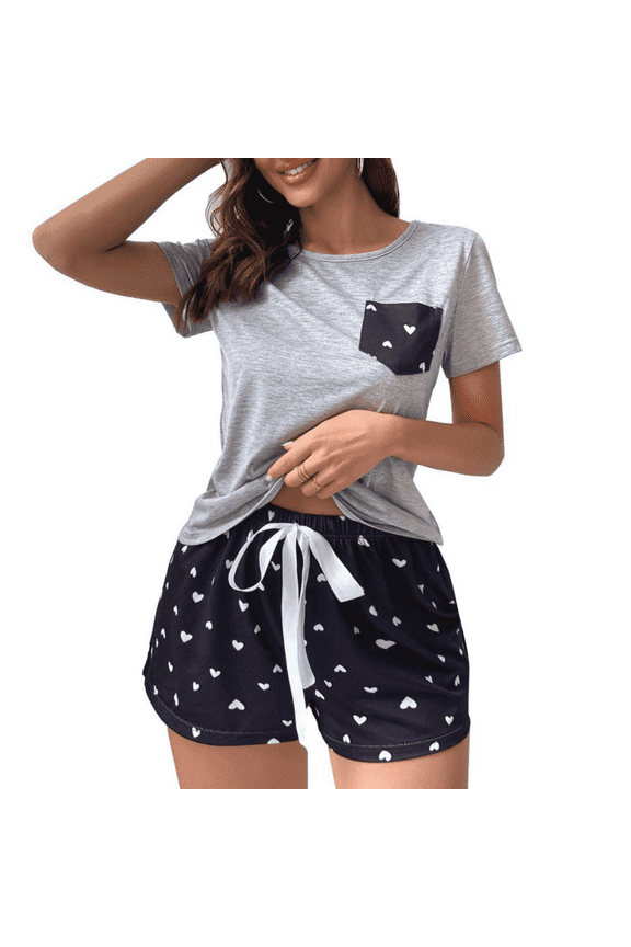 Pajama Sets for Women 2 Piece Gray Short Sleeve Heart Pattern Sleepwear,Sizes S-XL