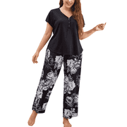 ebukurty Plus Size Black Pajama Sets for Women 2 Piece Cozy Short Sleeves Print Soft Sleepwear, Sizes 1XL-4XL