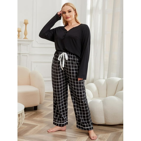 ebukurty Plus Size Pajama Sets for Women 2 Piece Long Sleeved V-neck Black Plaid Lounge Sets, Sizes 1XL-4XL