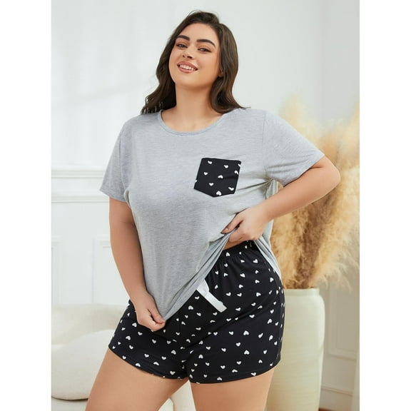 ebukurty Plus Size Pajama Sets for Women 2 Piece Short Sleeves Heart Gray Sleepwear, Sizes 1XL-4XL