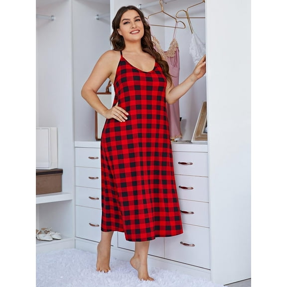 ebukurty Plus Size Nightgown for Women Sleeveless Red Plaid Oversized Sleepwear, Sizes 1XL-4X