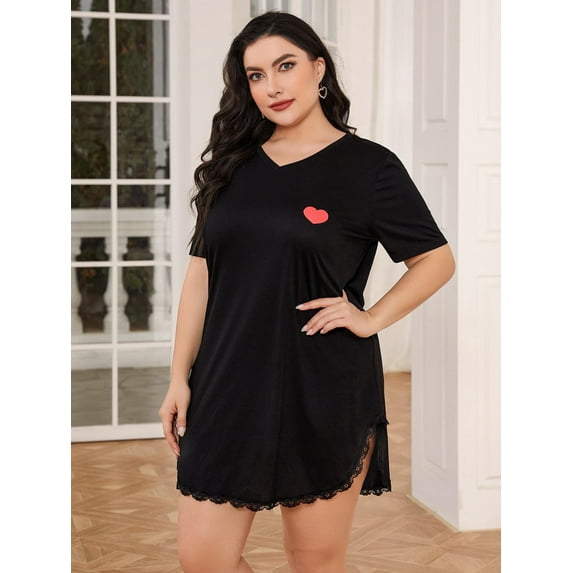 ebukurty Plus Size Black Nightgown for Women Lace Short Sleeves Heart Pajamas, Sizes 1XL-5XL