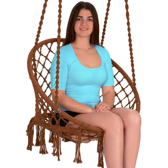 Ebung Macrame Hammock Chair Hanging Swing, Brown Seat, 31.75x24.5x54H