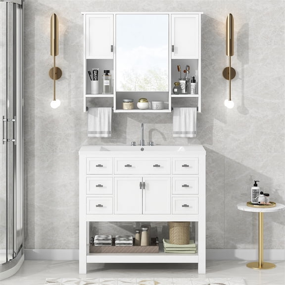 Ecarpat 36" Bathroom Vanity with Top Sink, Freestanding Storage Cabinet with 2 Doors and 6 Drawers, Medicine Cabinet for Living Room Bathroom, White