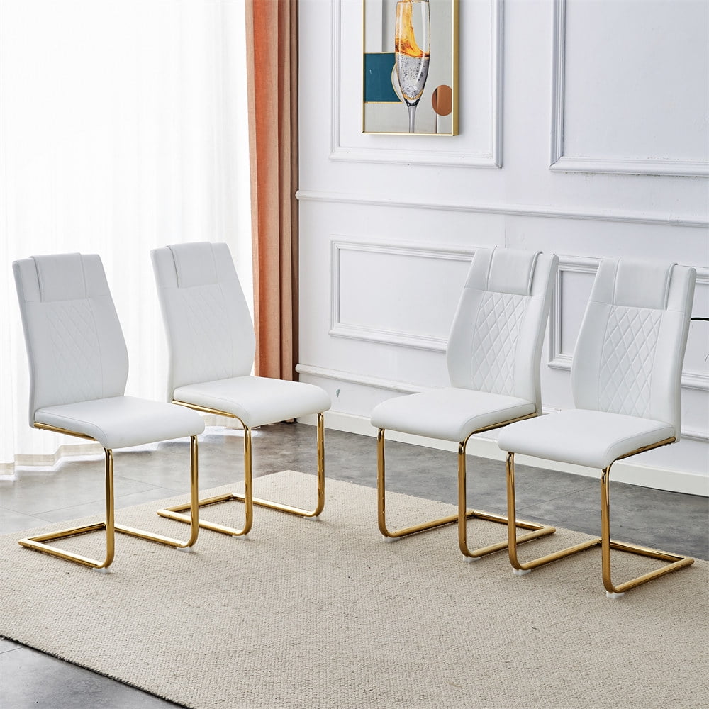 White Faux Leather Upholstered Dining Chairs with Golden Metal Legs, Set of 4