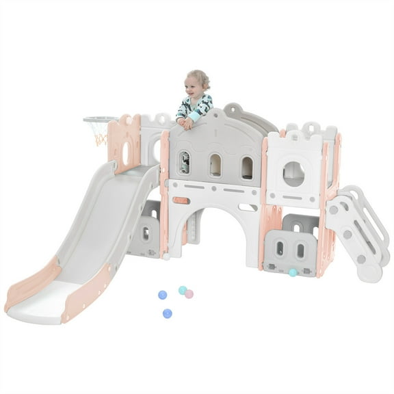Ecarpat Kids Slide Playset, Freestanding Castle Climber Playhouse with Basketball Hoop, Toy Storage Organizer for Indoor Outdoor