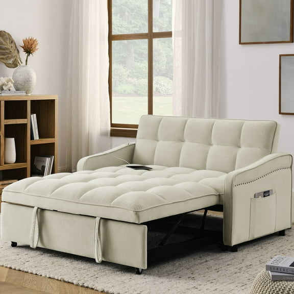 Ecarpat Loveseats Sofa Bed with Pull-out Bed, 2 Seater Sleeper Sofa with USB Ports and Side Pockets, Modern Velvet Sofa Couch for Living Room, 47"x53"x31", Beige