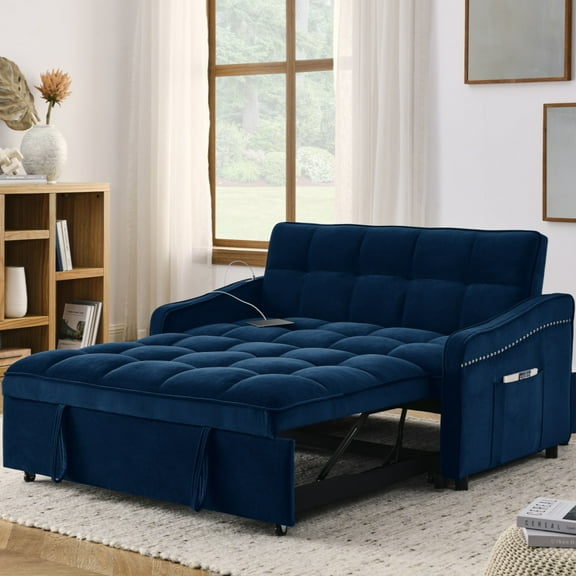 Ecarpat Loveseats Sofa Bed with Pull-out Bed, 2 Seater Sleeper Sofa with USB Ports and Side Pockets, Modern Velvet Sofa Couch for Living Room, 47"x53"x31", Blue