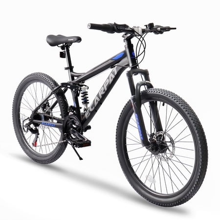 Ecarpat Mountain Bike 24 Inch Wheels, 21-Speed Full Suspension Mens Womens Trail Commuter City Mountain Bike, Carbon Steel Frame Disc Brakes Grip Shifter Front Fork Rear Shock Absorber Bicycles