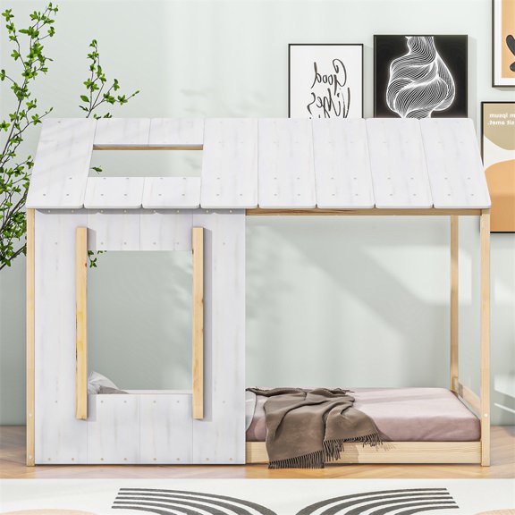 Ecarpat Twin Size House Bed, Wood Montessori Floor Platform Bed Frame with Roof and Window for Boys and Girls, No Box Spring Needed