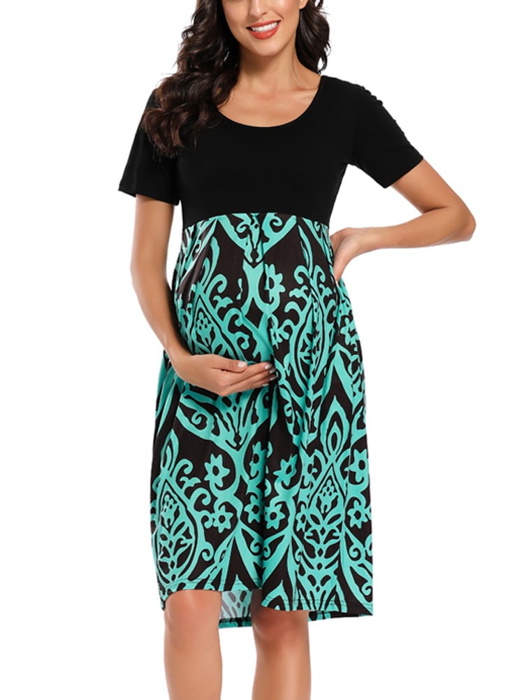 Ecavus Maternity Dress Short Sleeve Casual Pregnancy Dress Black Green Floral M