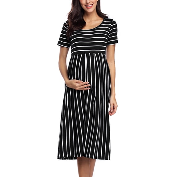 Ecavus Maternity Dress Short Sleeve Casual Pregnancy Dress Black White Stripe M
